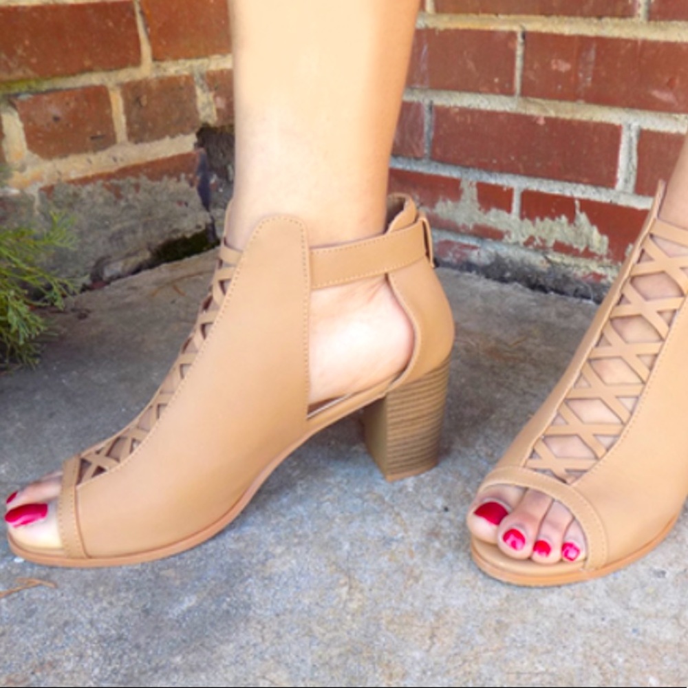 Camel Open-toe Block Heels